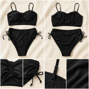 Unbranded L Black Ruched Bikini Set High Waisted Swimwear Minimalist Beach